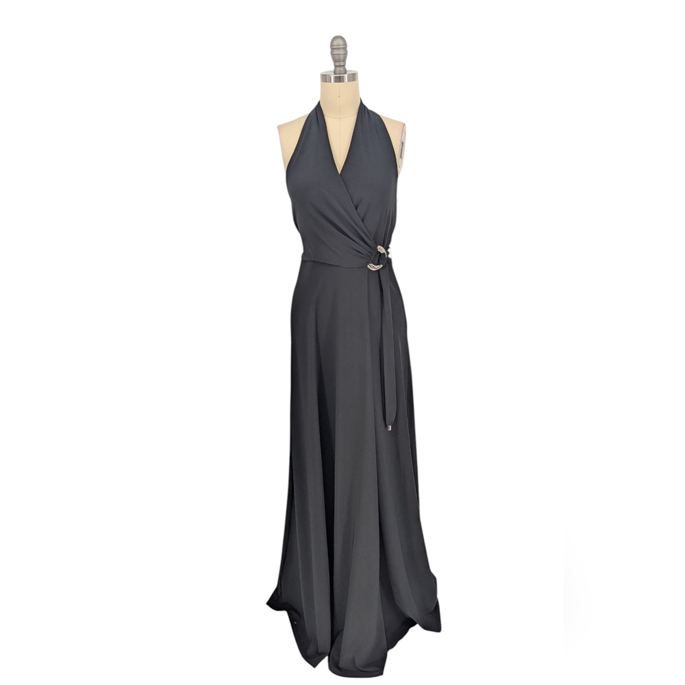 00127 WHBM Halter Wrap Maxi Dress Black size 4 classic party minimalist preppy